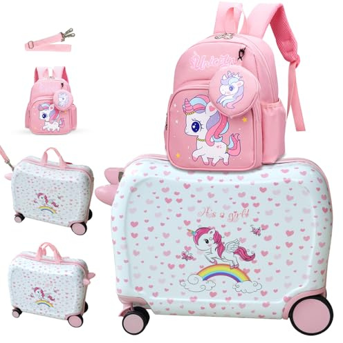 R.Leone Valigia Cavalcabile per Bambina EasyJet 45x36x20 cm + 30x23x14 cm Set 2 Pezzi Trolley Bagaglio a mano 4 Ruote e Zaino 3252. (Unicorno, Valigia 45x36x20cm+Zaino con corno)
