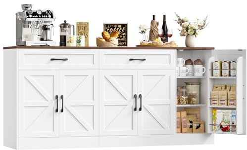 BOTLOG 71” Large Sideboard Buffet Cabinet with Storage, Farmhouse Buffet Cabinet with Adjustable Shelves and 3 Door Shelves, Wood Coffee Bar Console Table for Kitchen, Dining Room (White)