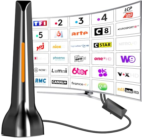 Antenne TV Intérieur, Antenne TV Intérieur Puissante, Réception 360° Jusqu’à 420 Km, Base Magnétique pour Installation Facile, Accès Aux Chaînes TNT Locales, Compatible 4K 1080p Full HD HDTV