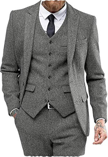 Aesido Costume classique pour homme 3 pièces en laine, tweed à chevrons, smoking, mariage, mariage, blouson, pantalon - Gris - S
