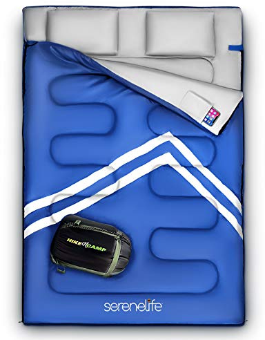 SereneLife Sleeping Bag SLSBBL Double pour Adultes/Adolescents avec 2 oreillers, Sacs de Couchage d'extérieur légers et résistants aux intempéries – Camping, randonnée, Voyage (Bleu) Unisexe