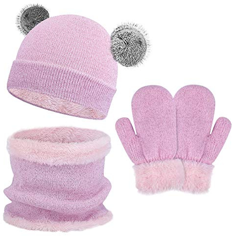 QKURT Kids Winter Warm Beanie Hats Snood Gloves Set, 3 in 1 Thicken Fleece Thermal Girls Skull Cap Scarf Mittens Set Super Soft Cap Neck Warm Gloves for 3~6 Years Old Children Girls Boys