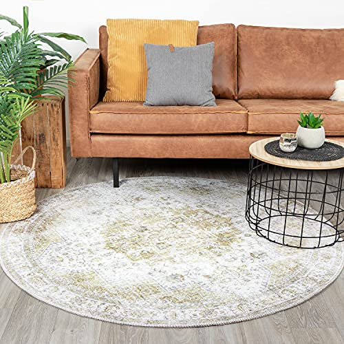 FRAAI | Home & Living Teppich Vintage Rund - Lago Grün Creme - Baumwolle, Polyester - Flachgewebe - Vintage - Orientalisch - Wohnzimmer, Esszimmer, Schlafzimmer - Carpet