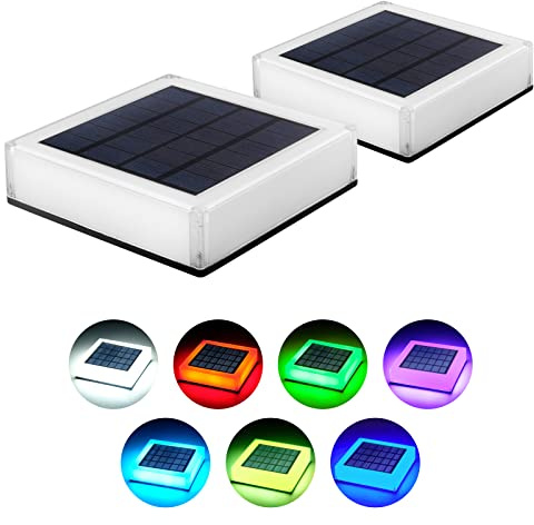 ILIKEPOW 2 luces solares para exteriores que cambian de color para postes, cubiertas, vallas, patios, lámparas de casquillo de poste de jardín, impermeables, colores RGB