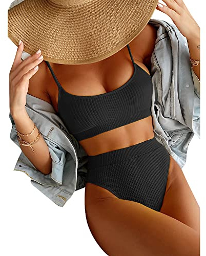 JAWSEU Bikiniset baddräkter för kvinnor, bikini med hög midja baddräkter stickade ribbade badkläder, inga kanter baddräkt, 2-delade baddräkter – svart S