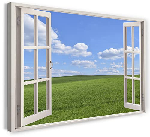 Print on Canvas (120x80 cm) view from the window - meadow windows sky natural landscape - nature photography, real wood frame with hook