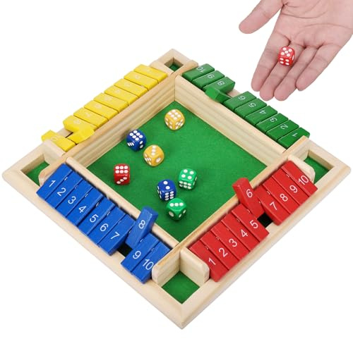 Starvortex Shut the Box - Premium Wooden 4 Player Dice Game with Educational Math and Puzzle Elements, 8 Colorful Dice for Holiday Fun