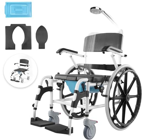 VEVOR Shower Wheelchair, 17.5in Width Aluminum Alloy Bathroom Wheelchair for Inside Shower, Adjustable Rolling Shower Chair w/Brake for Disabled Adult, 300 lbs Capacity Shower Commode Transport Chair