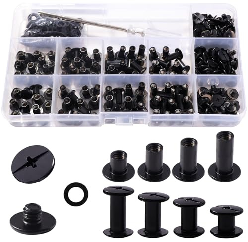 YIXISI 100 Set M5 x 5/8/10/12 mm Viti per Rilegatura Chicago Kit, 4 Dimensioni Kit Di Rivetti A Vite, Set Rivetti in Pelle con Cacciavite, per Rilegatura di Libri Decorativi in Pelle, Nero Pistola