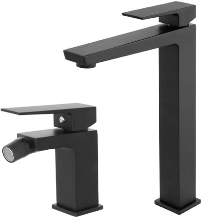 Set Miscelatori Per Lavabo Alto E Bidet In Ottone Nero Opaco Della Linea Kubo, Completo Di Pilette Click Clack E Kit Di Montaggio