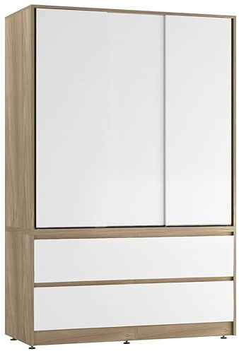 URBNLIVING Sliding Door Wardrobe with 4 Drawers & Hanging Rail, Freestanding Bedroom Closet Organizer, Durable Space-Saving Storage Cupboard, Modern MDF Flat Pack Furniture