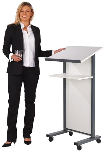 Metroplan Panel Front Lectern in White | Angled upper shelf with book rest, 4 castors, 2 of which lock, choose from wood or coloured laminate