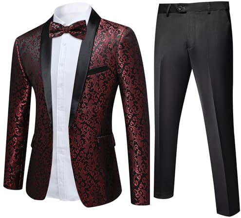 YFFUSHI Traje Jacquard Hombre 2 Piezas 1 Botón Solapas de Chal Boda Gala Lujo Chaqueta Pantalón Pajarita, Rojo, S