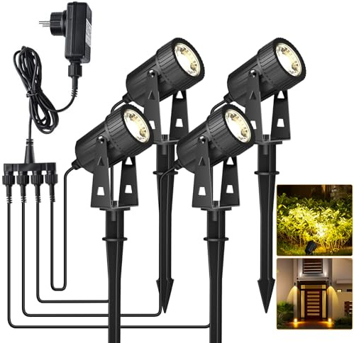UODIR 4 Stücke Gartenbeleuchtung LED, Warmweiß 3200K LED Gartenstrahler, IP65 Wasserdicht strahler außen mit Erdspieß Gartenlampe für Außen Garten Rasen Dekorative
