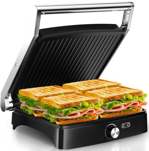 YASHE Kontaktgrill Sandwichmaker mit Temperaturregler, 180° aufklappbar Tischgrill, Antihaft Grillplatten, Edelstahl-Deckel, Panini Grill für Sandwich, Fleisch & Gemüse, 2000W