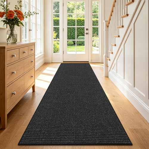 Enyhom Lång gångmatta 80 x 300 cm, köksmatta tvättbar halkfri hallmattor, elegant entrématta för kök vardagsrum sovrum badrum ingång, svart + grå