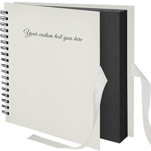 ARPAN Personalised Text Scrapbook Album Spiral Bound Photo Album 100 Pages Thick Paper DIY Memory Book for Wedding Birthday Travel Art Craft 26 x 25.5 cm Ribbon Closure (Grey Cover-Black Sheet)