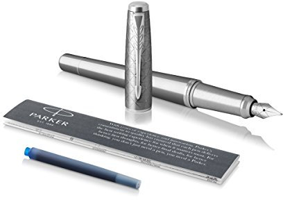 Parker Urban Fountain Pen, Premium Silvered Powder with Medium Nib and Blue Ink Refill, 1931603