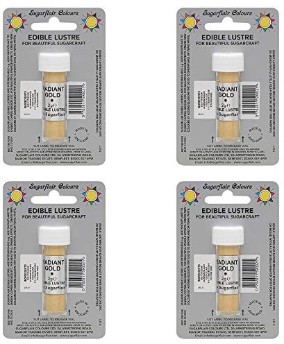 Sugarflair Radiant Gold Edible Lustre Dust, Add a Lustrous Shine to Cakes or Decorations. Brush On or Add Rejuvenator to Create Eye-Catching Edible Paint, Gives Shine to Your Bakes - 2g (Pack of 4)