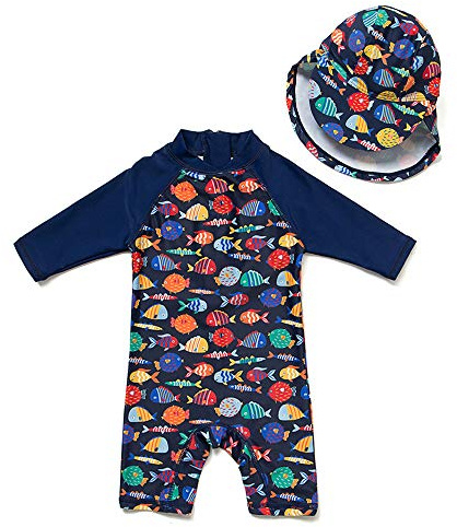 upandfast Baby Long Sleeve Bathing Suit Baby Boy Swimsuit Toddler One-Piece Rashguard (Colorful Fish,18-24 Months)