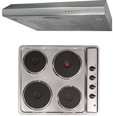 SIA 60cm Stainless Steel Solid Plate 4 Zone Electric Hob & Visor Cooker Hood Fan