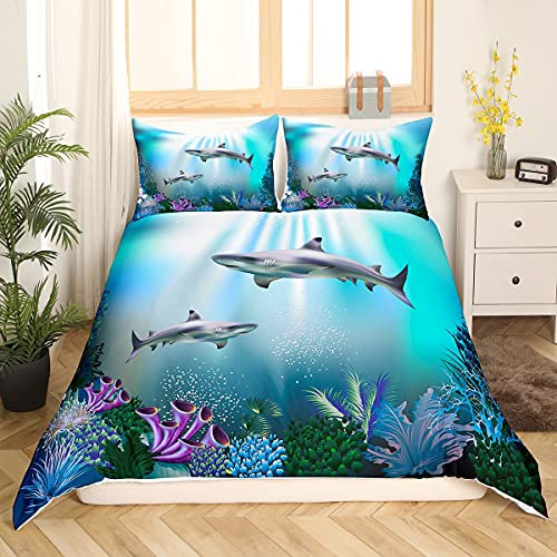 Loussiesd Kinder 135x200cm Bettwäscheset Hai Muster Bettwäsche für Mädchen Jungen Ozean Thema Bettbezug Set Unterwasserwelt Meereslebewesen Dekor Betten Set mit 1 Kissenbezügen