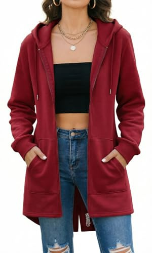 Tuopuda Womens Long Hoodies Zip Up Plain Hoodie Long Sleeves Ladies Fleece Longline Hoodie Sweatshirts Casual Loose Hooded Coat Zipper Plus Size Tops Pullover Jacket with Pockets