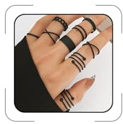Black Knuckle Rings Set for Women Vintage Stackable Midi Rings Boho Crystal Pearl Sea Wave Finger Ring Pack, Metal, No Gemstone