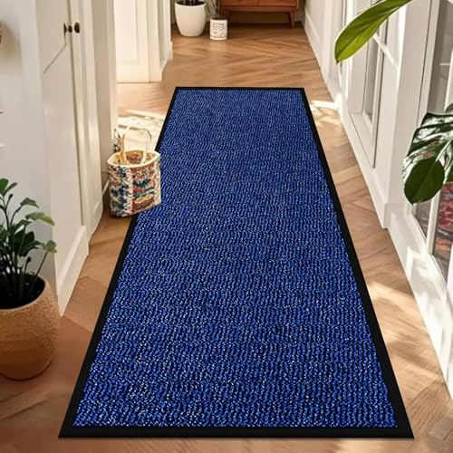 Waterproof Runner Rug for Kitchen Floor - Blue, 60 x 180 cm - Heavy Duty Waterproof PVC Backing Dirt Grabber Entrance Welcome Carpet Mat