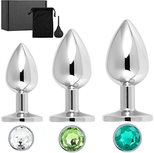 Eysilk Analplug 3-Set aus Metall Analplug Set mit Kristall-Diamanten und Analdusche. 3 Größen Ø27mm(Anfänger),Ø33mm,Ø41mm Buttplug – Sex Spielzeug Set Anal Plug für Paare Mann Frau (Grün Kollektion)