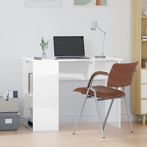 PIXZSSI Computertisch mit Regal Hochglanz-Weiß Holzwerkstoff 100x55x75 cm Side Table Writing Table Computer Desk Work Desk Shelf Home Office Furniture Schreibtisch Ablage Bürotisch Buro Möbel