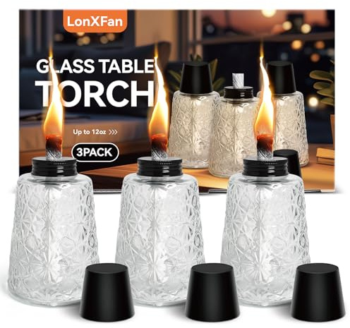 LonXFan Paquete de 3 antorchas de cristal para mesa, antorchas de luz de mesa para exteriores, repuesto para exteriores, botes de antorcha de combustible con mechas y tapas, linternas Lanscape para
