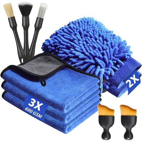 KEYAYE 10 Pcs Car Washing Kit with 3x Microfibre Cleaning Cloths, 2er Wash mitts and 5 Interior Detailing Brushes with Soft Bristle, Dual-Sided Ultra Soft Drying Towels ﻿for Car Care 600GSM, 40x30cm