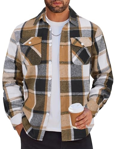 COOFANDY Flannel Jacket for Men Button Down Jacket Lightweight Flannel Long Sleeve Shirt Khaki Gray