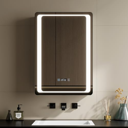 Warmiehomy Bathroom Mirror Cabinet with Lights,50x70cm Time Display 3-color Dimmable LED Illuminated Bathroom Mirror Cabinets with Shaver Socker Defogger Touch Switch One Door,White Frame