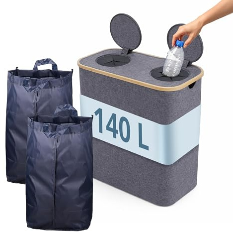 Relaxdays Bac de Collecte pour Bouteilles, 140 L, jusqu'à 60 Bouteilles, 2 Sacs, collecteur Gris pour Verre et Plastique