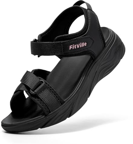 FitVille Sandales Femme à Largeur de Pied et Semelle Épaisse, Confortables et Amortissantes - Sandales d'été avec Fermeture Réglable Noir 39 EU Large