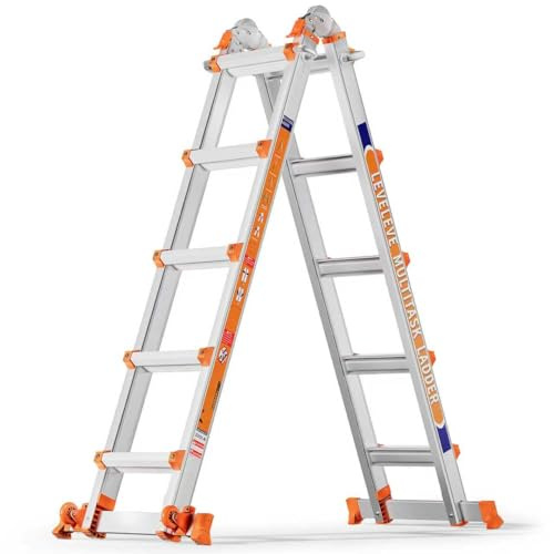 A Frame with 5 Step Ladders, a 5.2 m Long Sliding Ladder with Stabiliser and Wheels, 150 kg Safety Load Ladder with Multiple Positions for Stairs Home Indoor Outdoor Roof