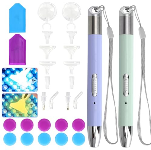 VOSSOT 2 Pezzi Pennelli Diamantati con Luci, LED Penna per Pittura a Diamante, 5D Diamante Pittura Punto di Foratura della Penna con Ricaricabile USB, strumenti per accessori diamantati