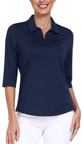 JINSHI Women's Golf Polo Shirts 3/4 Sleeve Golf Top Quick Dry UPF 50+ Casual Work Sports Tennis Shirts Navy Size US M