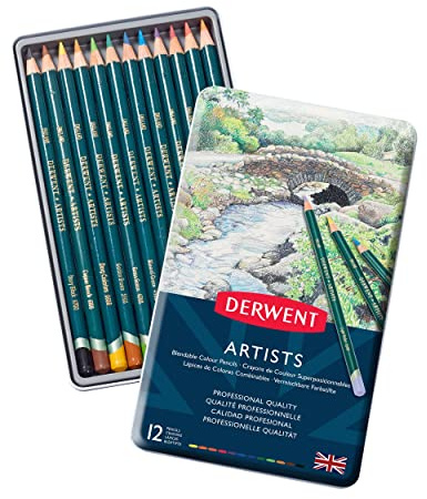 Derwent Artists Set di 12 Matite Colorate per Disegnare e Colorare, Ideali per Sfumature e Stratificazioni, Astuccio in Metallo Incluso, Qualità Professionale