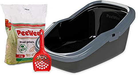 PeeWee Katzentoilette EcoMinor Katzenklo offen Schale Katzen WC inkl. 3kg Streu Holzpellets Pellets, Farbe:Schwarz-Anthrazit