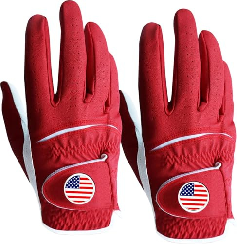 FINGER TEN Golf Gloves Men Colorful 2 Pack for Left Right Handed Golfer, Comfortable Gloves with Ball Marker for Serious Performance, Fit Size Small Medium ML Large XL (Red,Small,Worn on Right Hand)