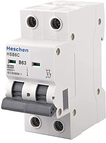 Heschen Miniatur-Leitungsschutzschalter HSB6C, 415VAC, 63A, 2-polig (2P), Typ B, 6kA Schaltleistung, für 35mm DIN-Schienenmontage