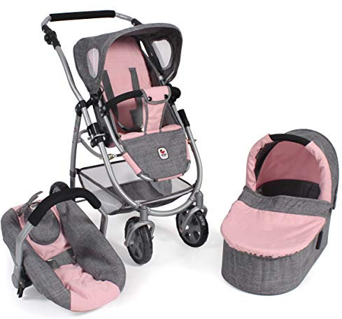 Puppenwagen Emotion All In, 3in1 Puppenwagen-Set bestehend aus Babywanne, Sportsitz und Autositz, Melange Grau-rosa