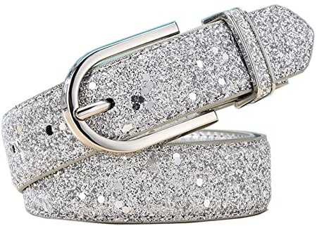 Juwaacoo Damen Glitzer Gold Gürtel Damen Silber Pu Leder Gürtel Damen Bekleidungszubehör, Silber