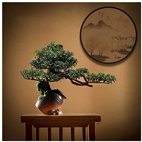 Artificial Plants Artificial Potted Plant Fake Guest-Greeting Pine Bonsai Tree Ornament Planter with Ceramic Pitcher for Desktop Display Home Office Indoor Decor Bonsai Pine Tree ( Size : Green-a )