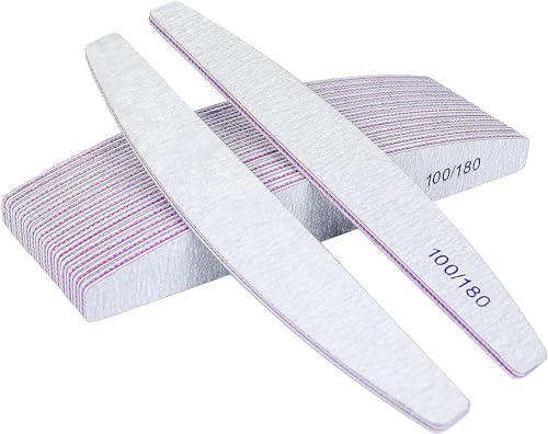 12 Pcs Professional Nail Files 100/180 Grit Double Sided Half Moon Washable Nail Files Emery Board Nail Shaping Manicure Tools - Professional Salon & Home Use