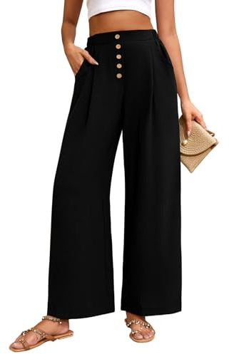 heekpek Pantaloni Donna Eleganti Vita Alta Comodi Pantaloni Donna Estivi Larghi Leggeri Fluido Casual Pantaloni a Gamba Larga Pantalone con Tasche, Nero, M