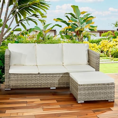 Aweather 4 Seater Rattan Garden Furniture Sets L Shape Outdoor Corner Sofa, All-Weather Handwoven PE Sofa Set With Cream Cushions